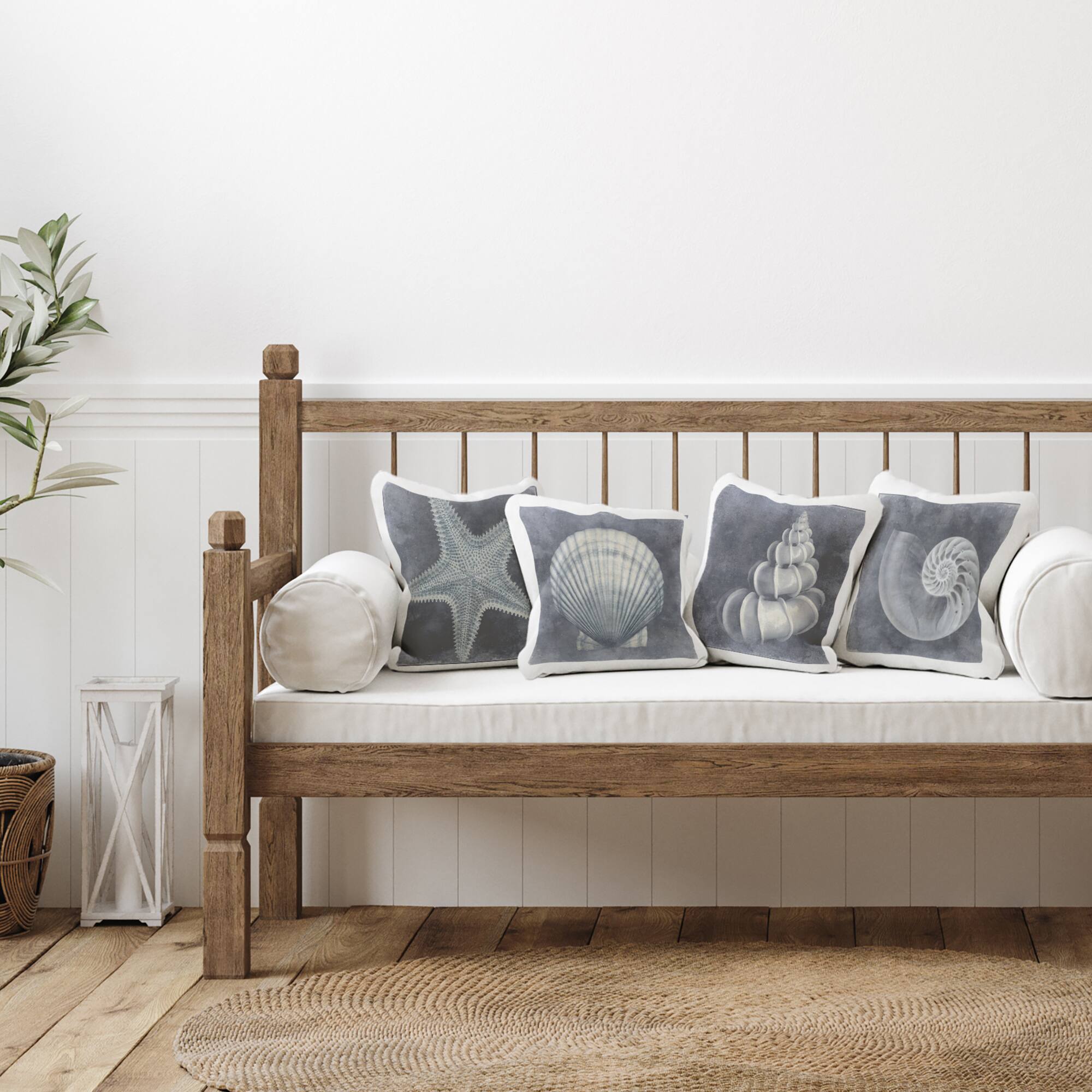 Stupell Industries Nautical Distressed Seashells and Starfish Blue White 4 Pillows, Each 18" x 18"